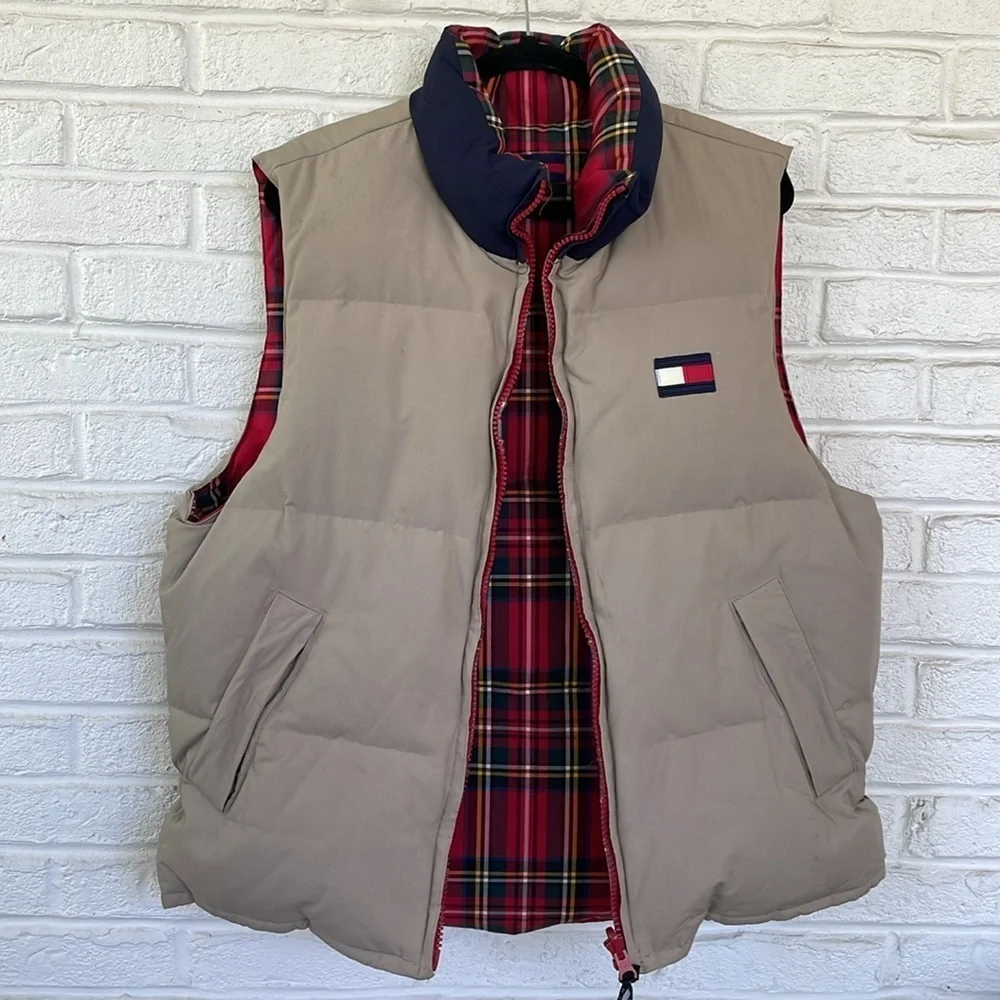 Vintage 90's Tommy Hilfiger Reversible Plaid to Khaki Puffer Vest